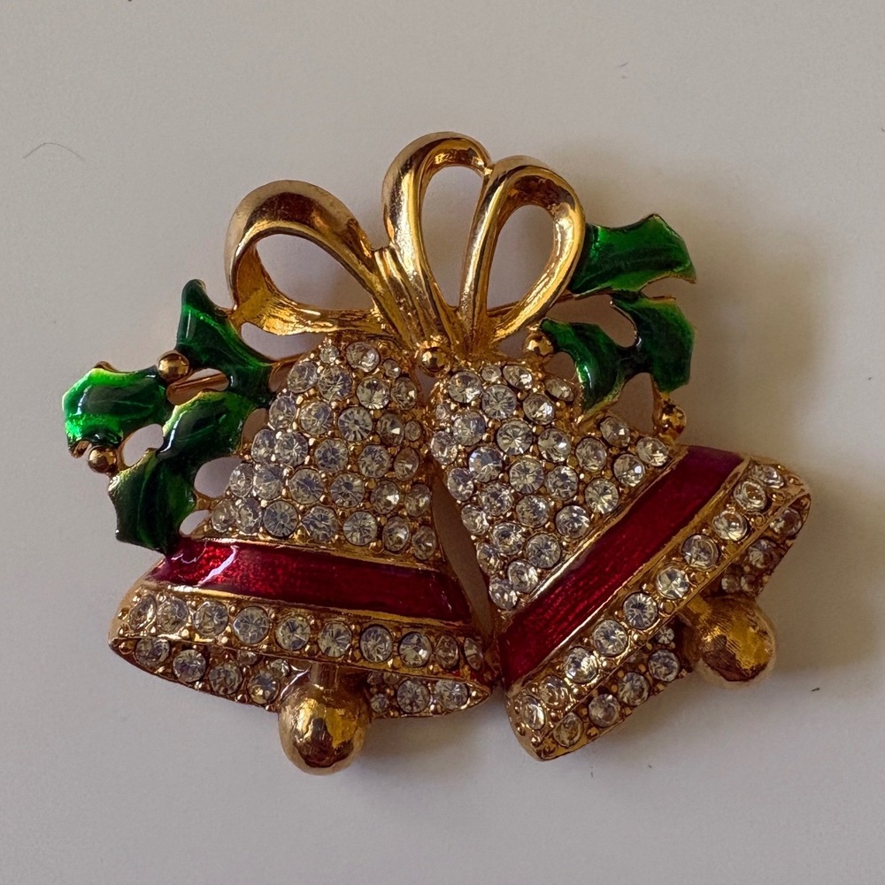 Christmas Bell Brooch Gold Tone Rhinestone Enamel Holly Holiday Pin